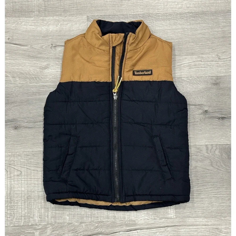 Timberland Vest Youth 4T Black Tan Puffer Quilted Pockets Two-Tone Full Zip READ
